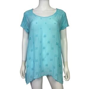 Johnny Was Women's S Blue Embroidered Darla Boho Scoop Eyelet Tunic Top EUC